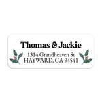Sheet of personalized holiday return address stickers with holly and berry designs, perfect for Christmas cards and seasonal correspondence - XOXOKristen