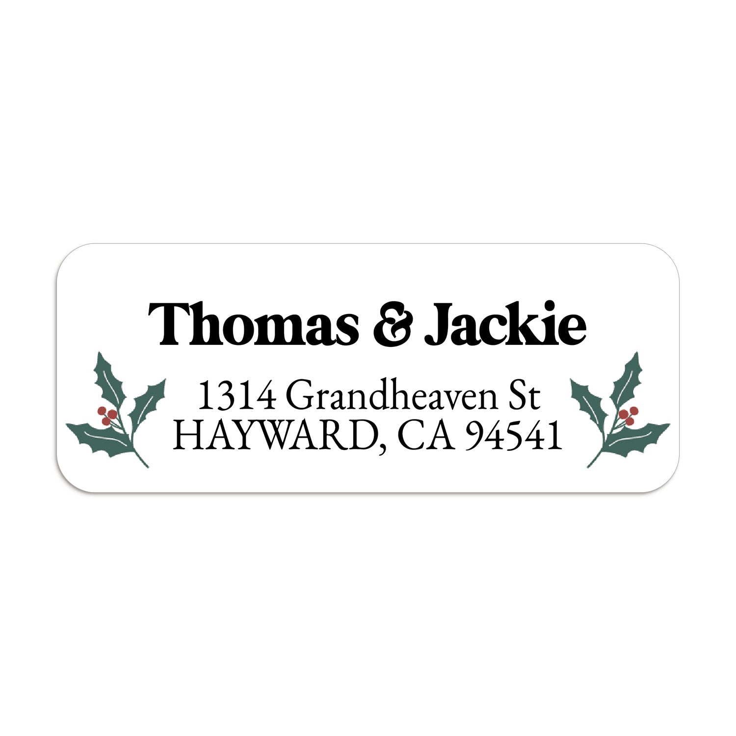 Sheet of personalized holiday return address stickers with holly and berry designs, perfect for Christmas cards and seasonal correspondence - XOXOKristen