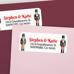 Custom nutcracker return address labels on pink and burgundy envelopes, featuring Christmas soldier design and elegant printed text - XOXOKristen