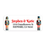 Sheet of personalized nutcracker-themed return address labels with festive soldiers and bright red text, perfect for holiday correspondence - XOXOKristen