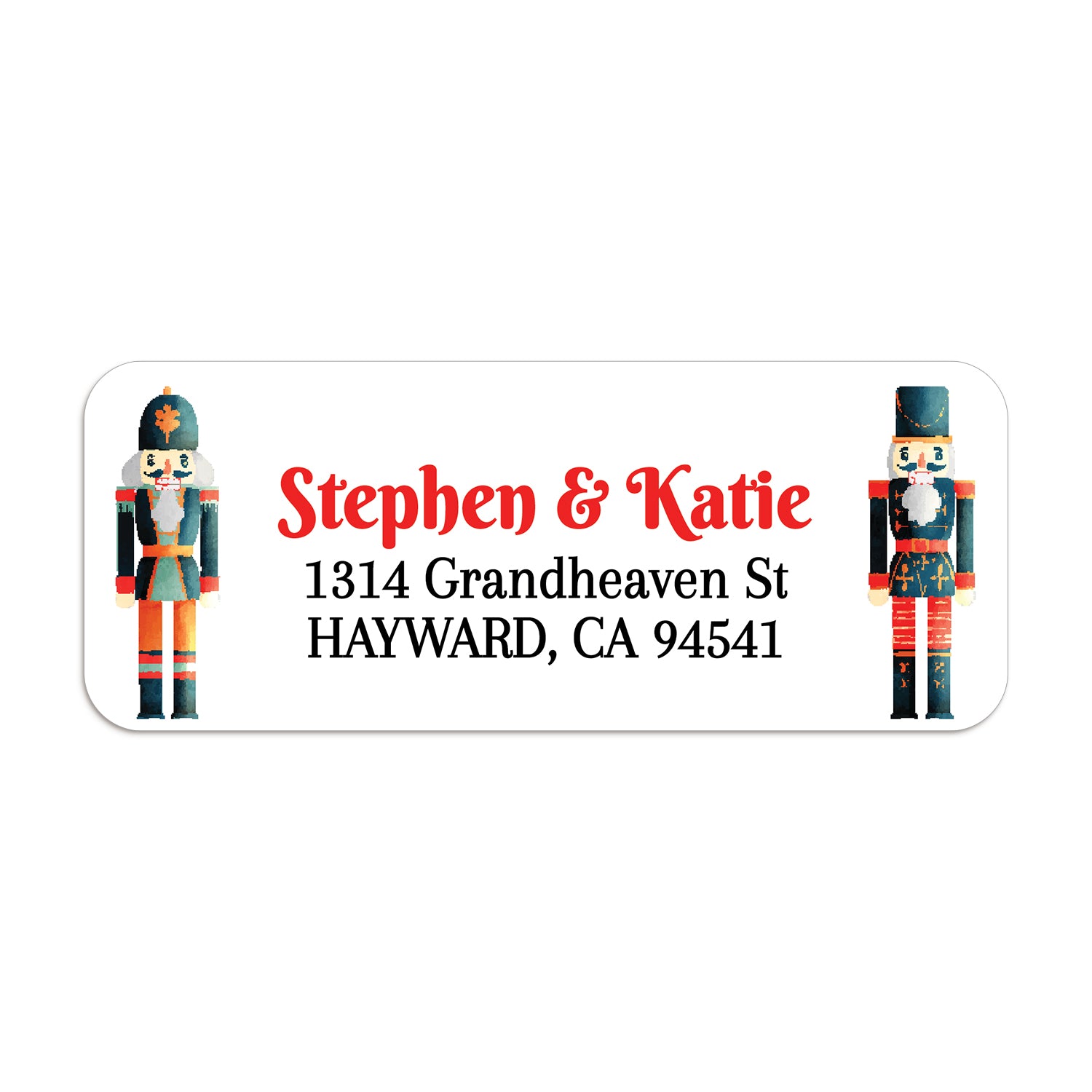 Sheet of personalized nutcracker-themed return address labels with festive soldiers and bright red text, perfect for holiday correspondence - XOXOKristen
