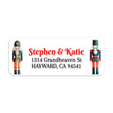 Sheet of personalized nutcracker-themed return address labels with festive soldiers and bright red text, perfect for holiday correspondence - XOXOKristen