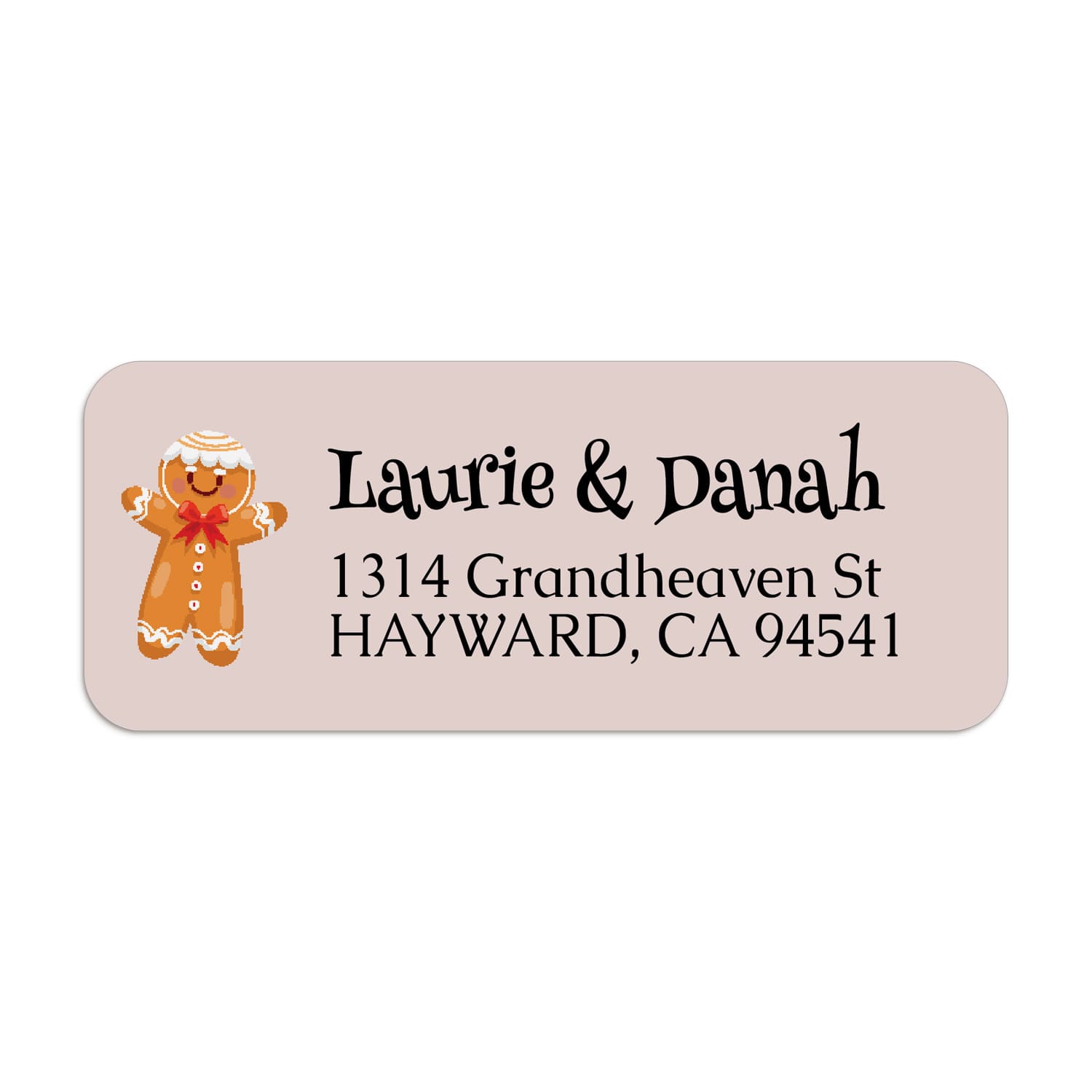 Sheet of personalized Christmas-themed return address stickers with gingerbread man graphic and bold black text for seasonal mailing - XOXOKristen