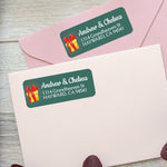 XOXOKristen rectangular personalized Christmas return labels featuring gift box and red ribbon design for holiday mail.