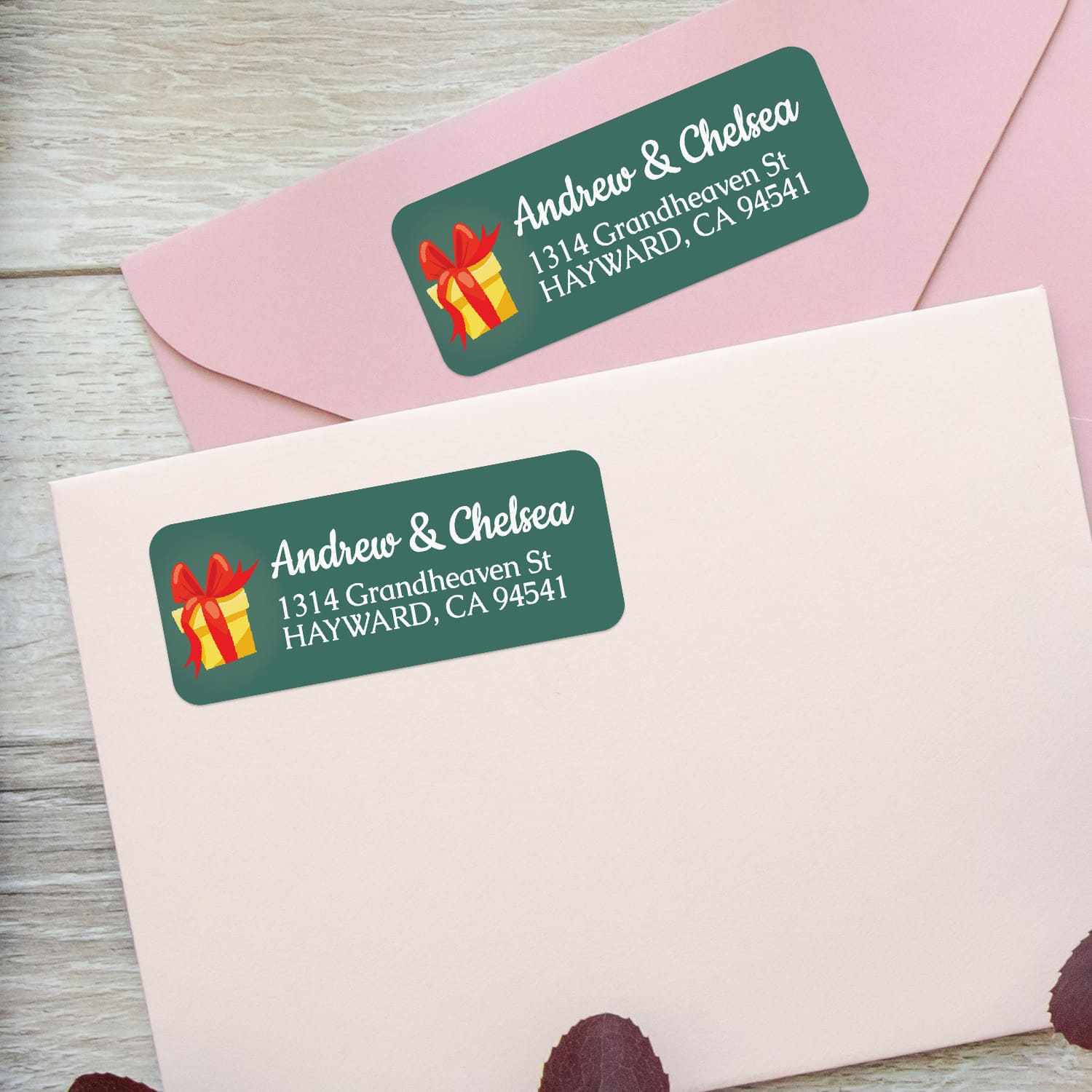 XOXOKristen rectangular personalized Christmas return labels featuring gift box and red ribbon design for holiday mail.