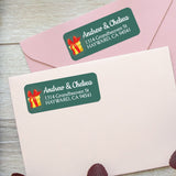 XOXOKristen rectangular personalized Christmas return labels featuring gift box and red ribbon design for holiday mail.