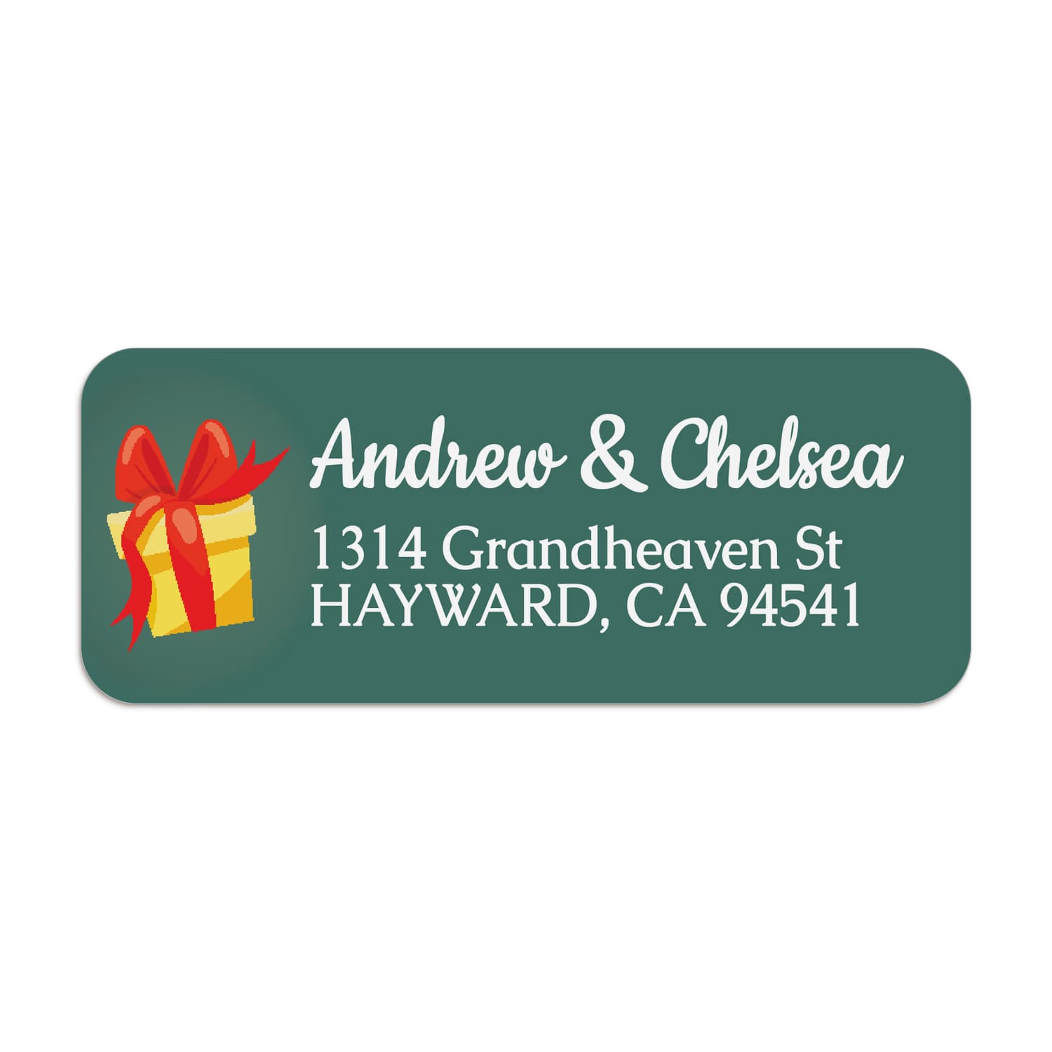 XOXOKristen custom printed Christmas address labels with yellow present and red bow, perfect for holiday season cards.