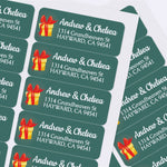XOXOKristen holiday-themed return address sticker sheet with green background and festive present illustration.