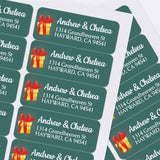 XOXOKristen holiday-themed return address sticker sheet with green background and festive present illustration.
