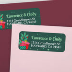 Personalized holiday address labels on pink and burgundy envelopes with festive gift box illustrations and green background – XOXOKristen