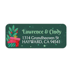 Sheet of Christmas return address labels featuring festive green background, red gift illustrations, and custom white typography – XOXOKristen