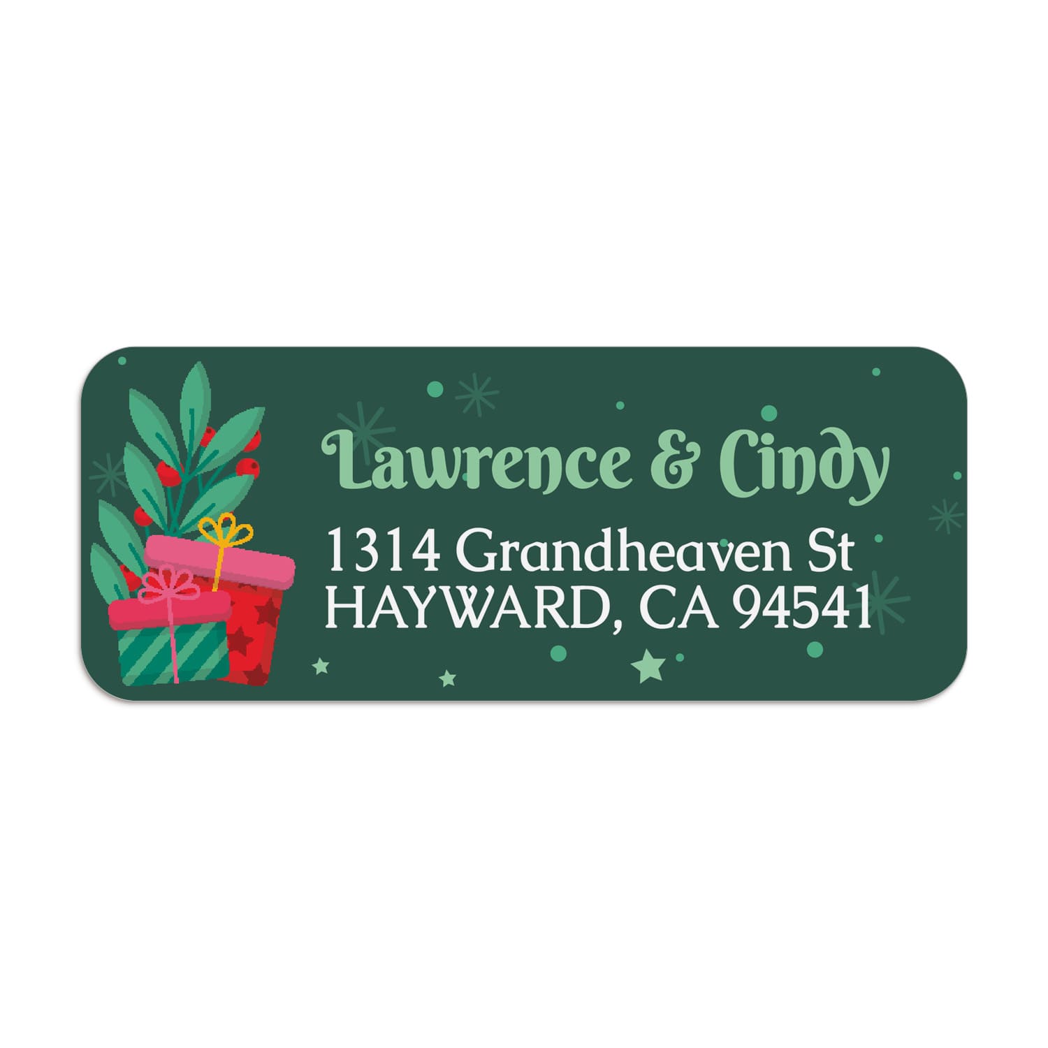 Sheet of Christmas return address labels featuring festive green background, red gift illustrations, and custom white typography – XOXOKristen