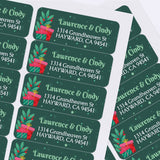 Custom Christmas label design with red and green gift boxes, star accents, and personalized white text on dark green background – XOXOKristen