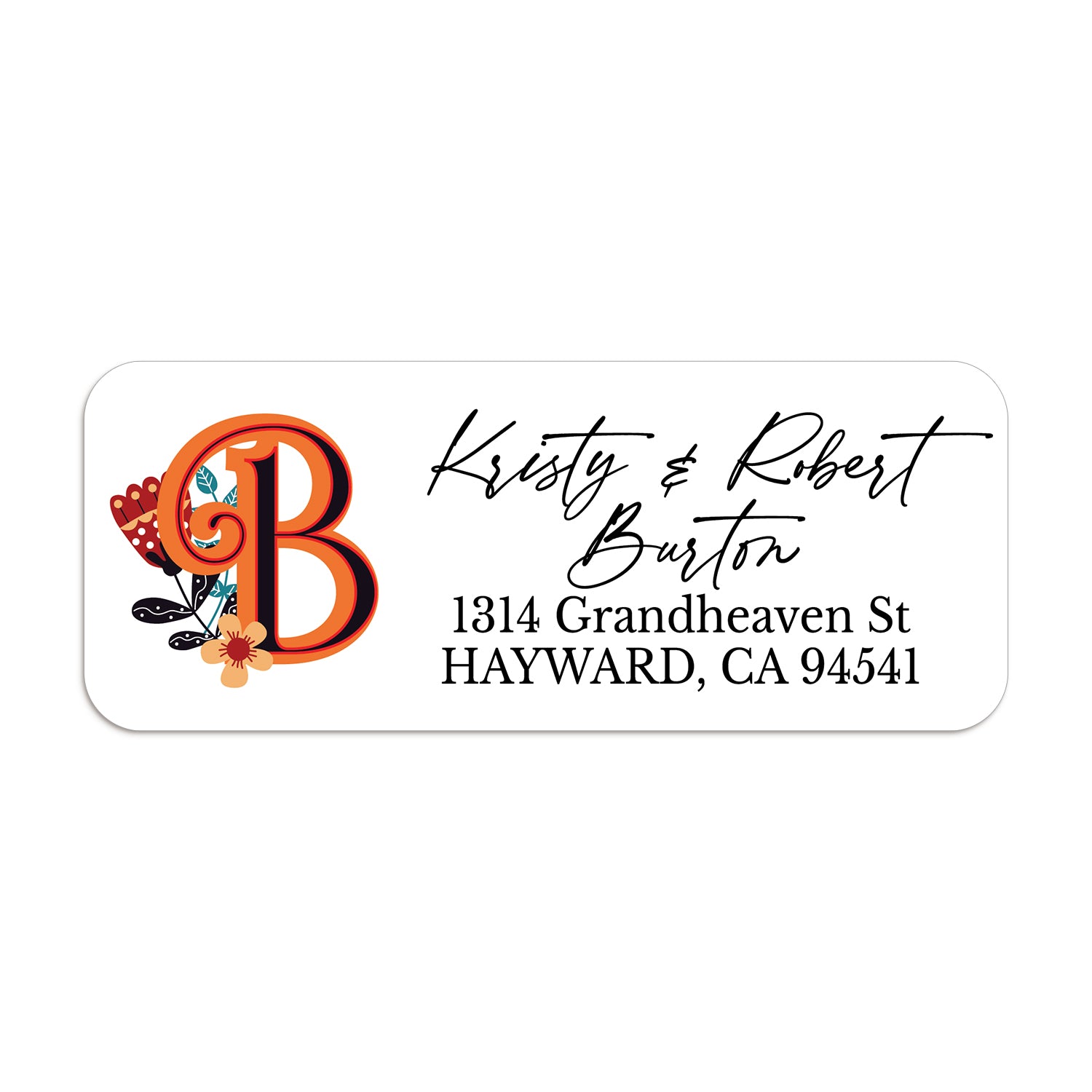Close-up of personalized return address label with large orange floral monogram letter and sleek black typography, printed on smooth white sticker - XOXOKristen