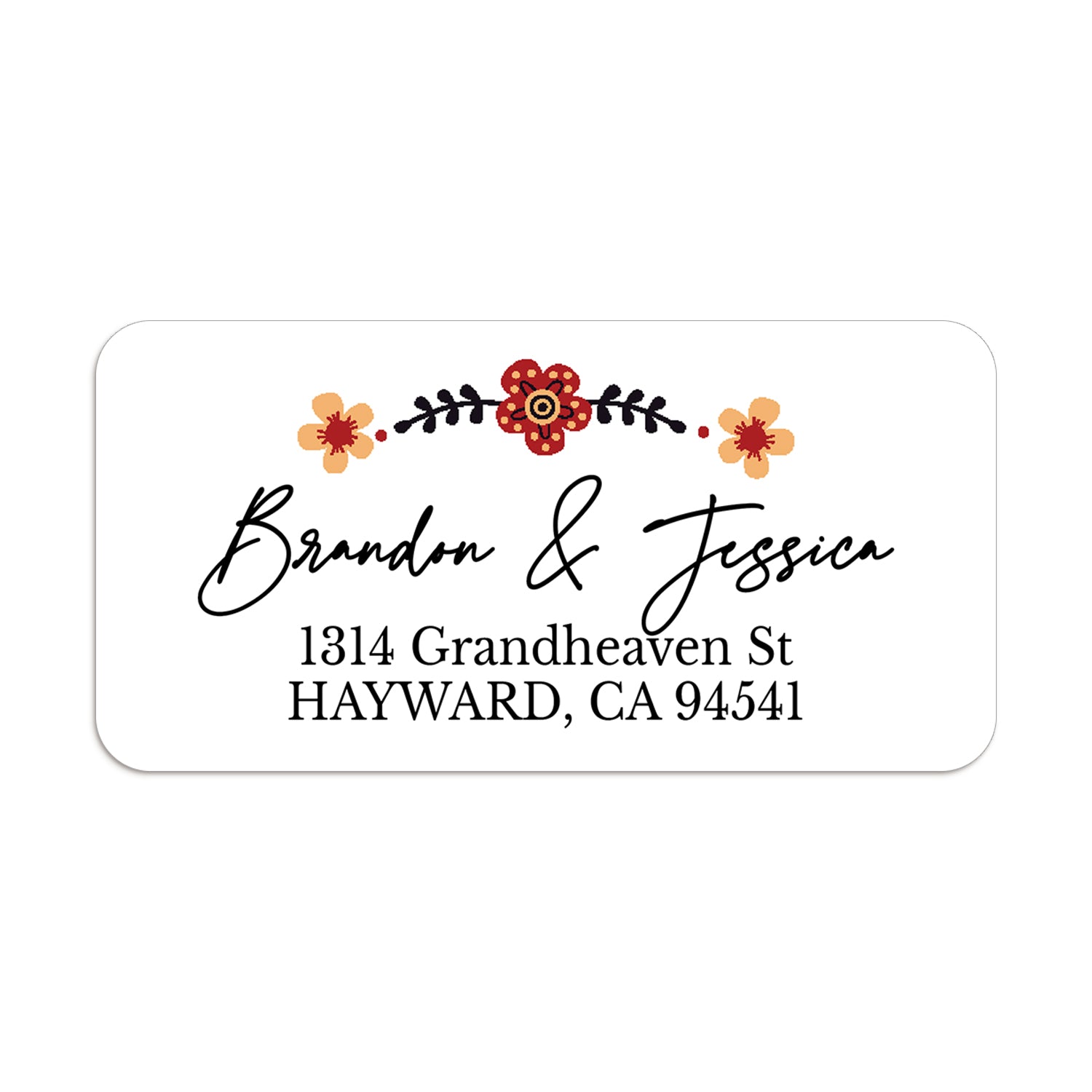 Rectangular return address label with floral border of red and yellow flowers, featuring modern black script for names and serif text for address, on white background — XOXOKristen.