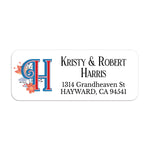 Personalized return address label with bold red and blue monogram letter H, orange and peach floral accents, and black serif text on white background - XOXOKristen