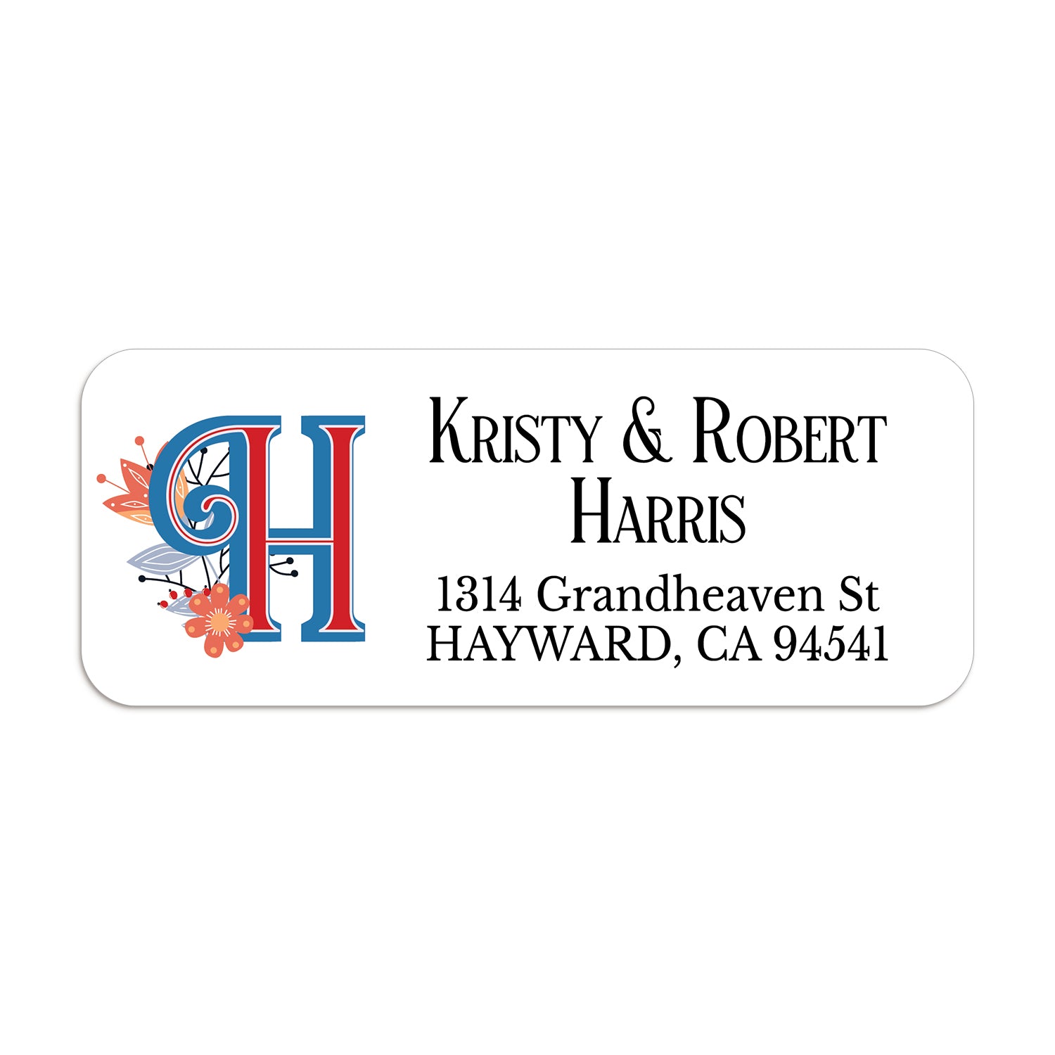 Personalized return address label with bold red and blue monogram letter H, orange and peach floral accents, and black serif text on white background - XOXOKristen