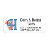 Personalized return address label with bold red and blue monogram letter H, orange and peach floral accents, and black serif text on white background - XOXOKristen