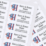 Sheet of personalized return address labels showing repeating monogram H with floral accents and black serif typography for names and address - XOXOKristen
