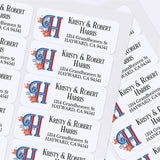 Sheet of personalized return address labels showing repeating monogram H with floral accents and black serif typography for names and address - XOXOKristen