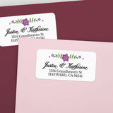 Sheet of personalized return address labels with floral design in pink, purple, and green, ready to peel and stick - XOXOKristen