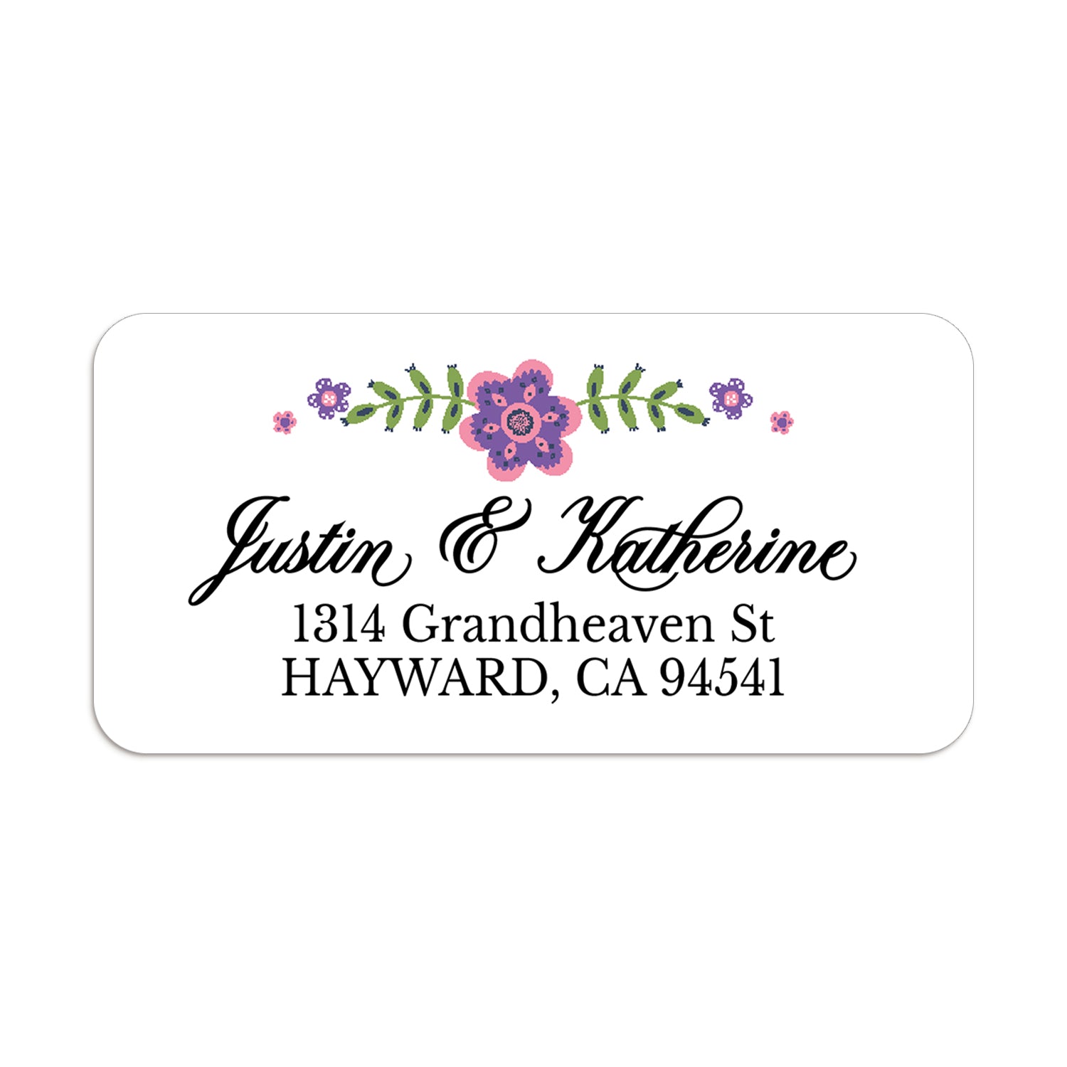 Personalized return address label with pink and purple floral design on a white background, shown on an envelope - XOXOKristen