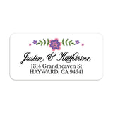 Personalized return address label with pink and purple floral design on a white background, shown on an envelope - XOXOKristen