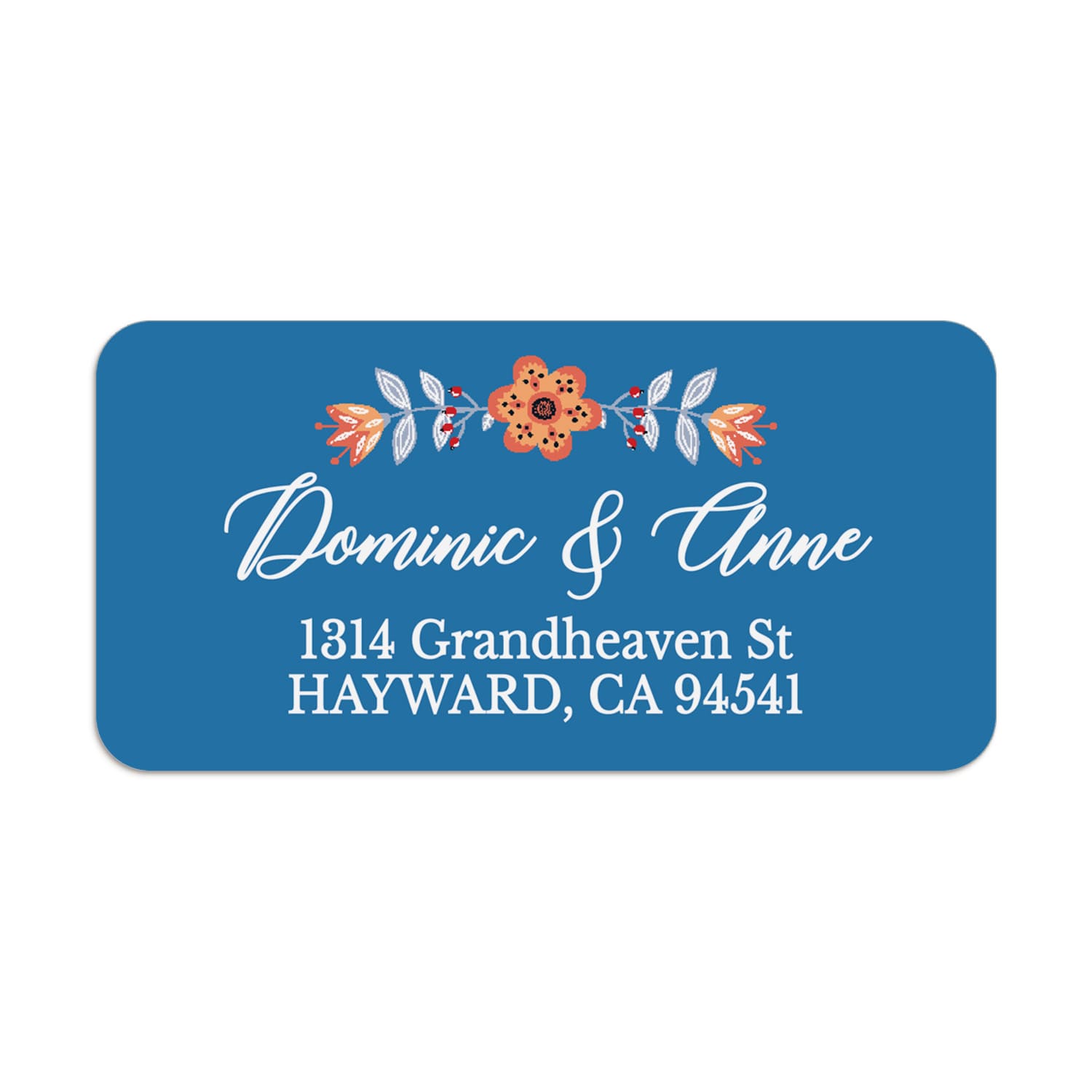 Personalized floral return address label with orange blossom and leaves on bold blue background, custom white script lettering on envelope - XOXOKristen
