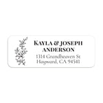 XOXOKristen close-up of personalized address label with vertical black floral sketch beside bold black lettering on white background - XOXOKristen