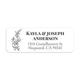 XOXOKristen close-up of personalized address label with vertical black floral sketch beside bold black lettering on white background - XOXOKristen