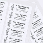XOXOKristen sheet of multiple black and white floral return address labels with simple botanical line drawing and classic serif font - XOXOKristen