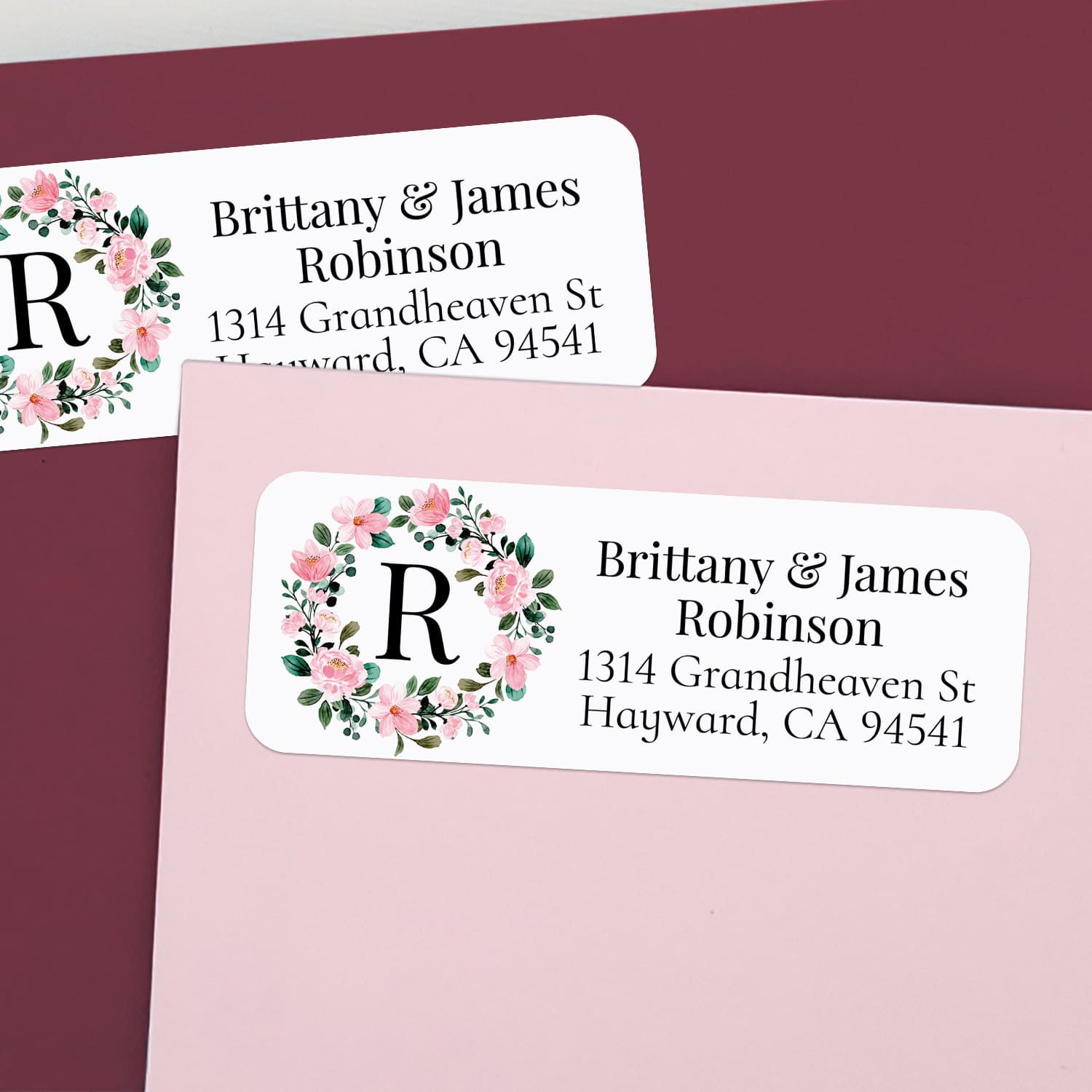 XOXOKristen personalized floral wreath return address label with white background, pink rose blossoms, leafy greenery, and monogram letter - XOXOKristen