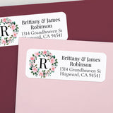 XOXOKristen personalized floral wreath return address label with white background, pink rose blossoms, leafy greenery, and monogram letter - XOXOKristen