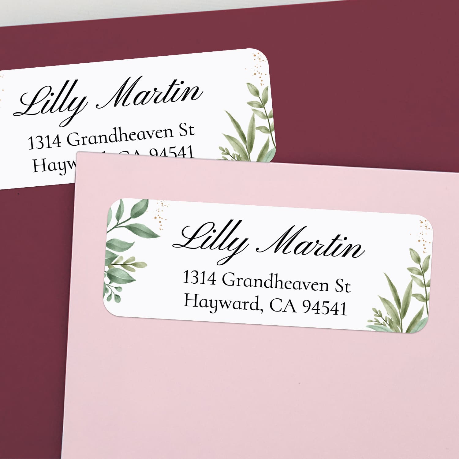 XOXOKristen personalized botanical return address label with white background, watercolor greenery sprigs, and elegant black script text - XOXOKristen