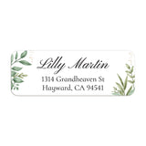 XOXOKristen close-up of return address label with leafy branches, delicate greenery accents, and calligraphy-style font - XOXOKristen