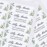 XOXOKristen sheet of multiple personalized greenery return address labels with white background, watercolor foliage, and black lettering - XOXOKristen