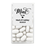 Personalized wedding mint favor label with elegant black text on white background, custom Tic Tac sticker for elegant reception or bridal party gifts.