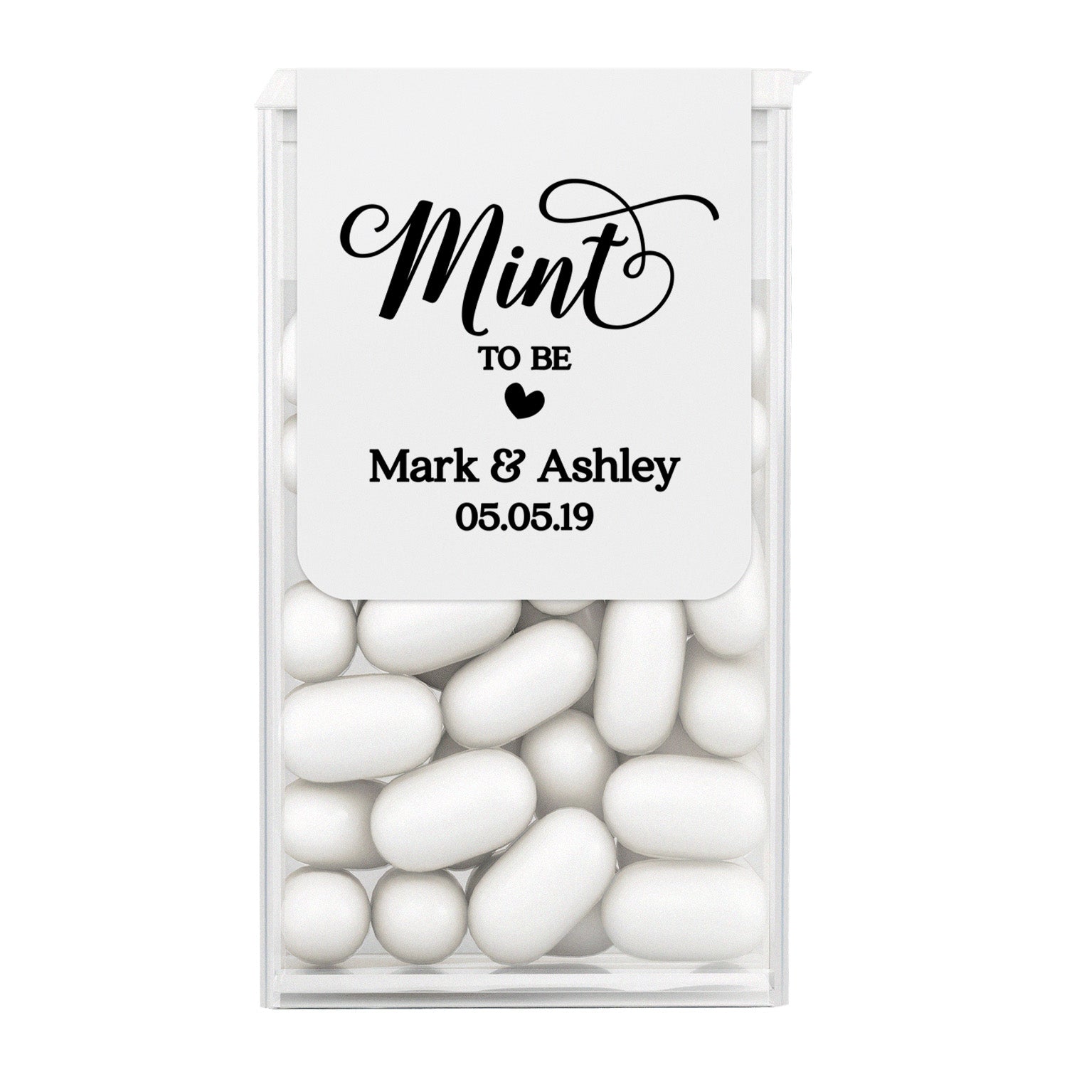 Personalized wedding mint favor label with elegant black text on white background, custom Tic Tac sticker for elegant reception or bridal party gifts.