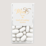 Personalized wedding mint favor label with gold foil text on white background, custom Tic Tac sticker for elegant reception or bridal party gifts.