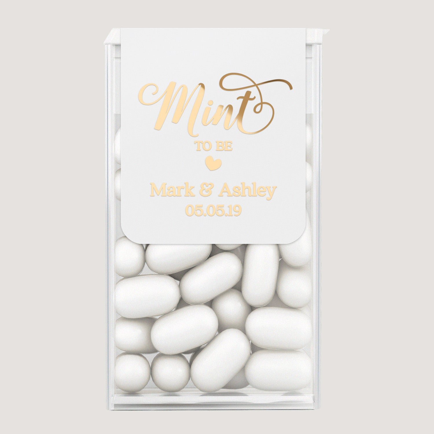 Personalized wedding mint favor label with gold foil text on white background, custom Tic Tac sticker for elegant reception or bridal party gifts.