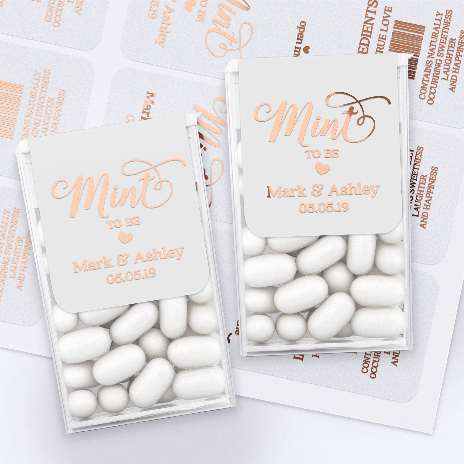 Custom rose gold foil Mint To Be wedding favor labels, personalized Tic Tac stickers on white background for stylish bridal shower and reception decor.