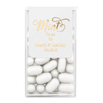 Personalized wedding mint favor label with gold foil text on white background, custom Tic Tac sticker for elegant reception or bridal party gifts.