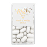 Personalized wedding mint favor label with gold foil text on white background, custom Tic Tac sticker for elegant reception or bridal party gifts.