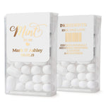 Luxury real gold foil personalized wedding favor labels for Tic Tac boxes, front and back view with custom text for elegant party guest gifts.
