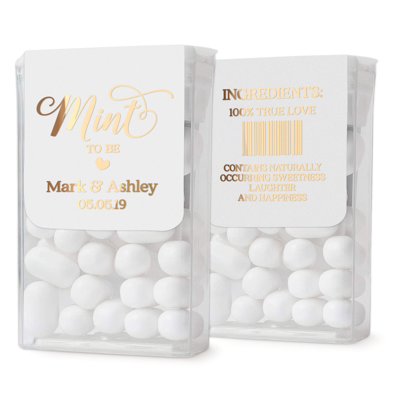 Luxury real gold foil personalized wedding favor labels for Tic Tac boxes, front and back view with custom text for elegant party guest gifts.