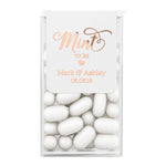 Personalized wedding mint favor label with rose gold foil text on white background, custom Tic Tac sticker for elegant reception or bridal party gifts.