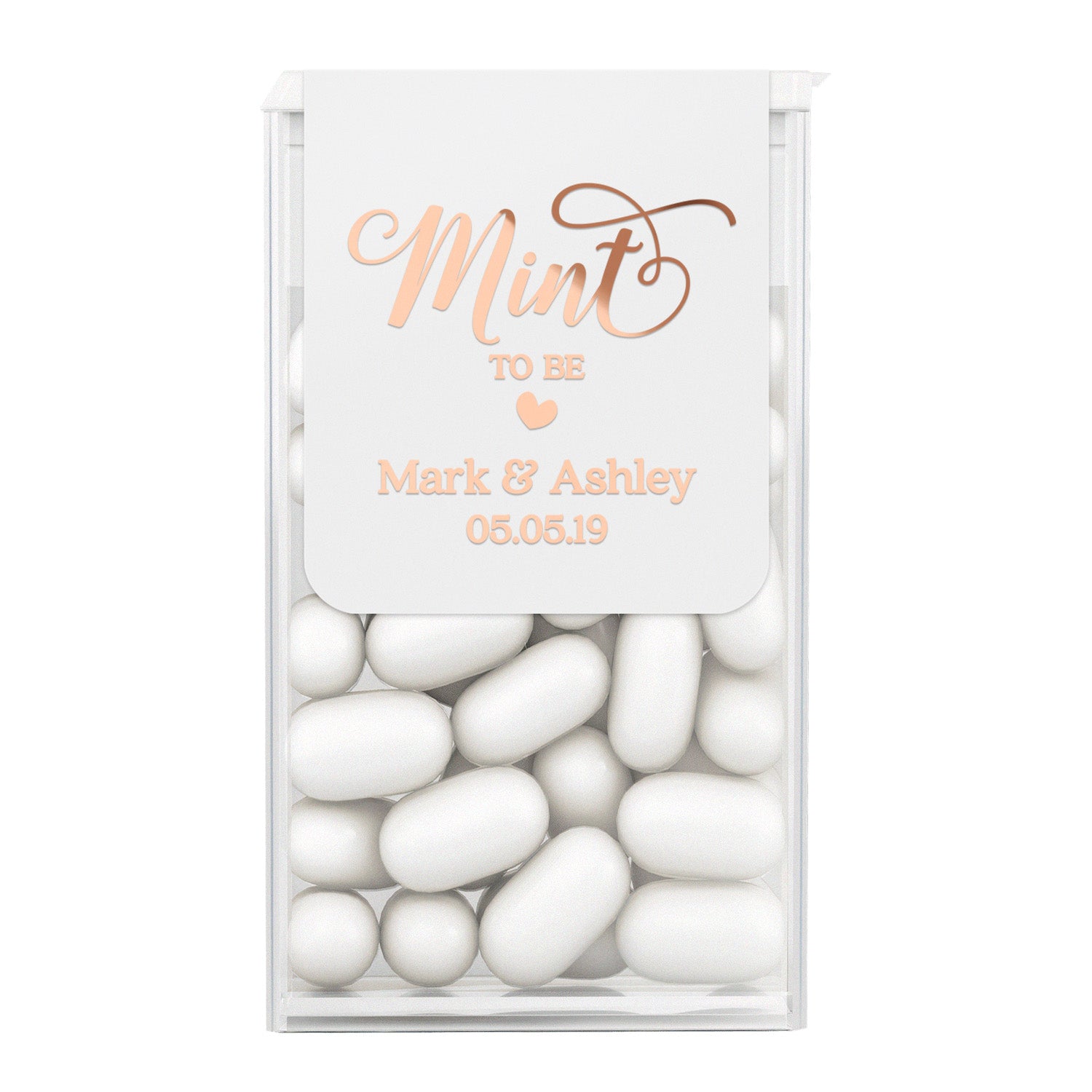 Personalized wedding mint favor label with rose gold foil text on white background, custom Tic Tac sticker for elegant reception or bridal party gifts.