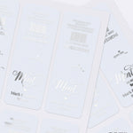 Personalized silver foil Mint To Be favor label sheets for Tic Tac boxes, custom wedding stickers with metallic shine for bridal shower or reception favors.