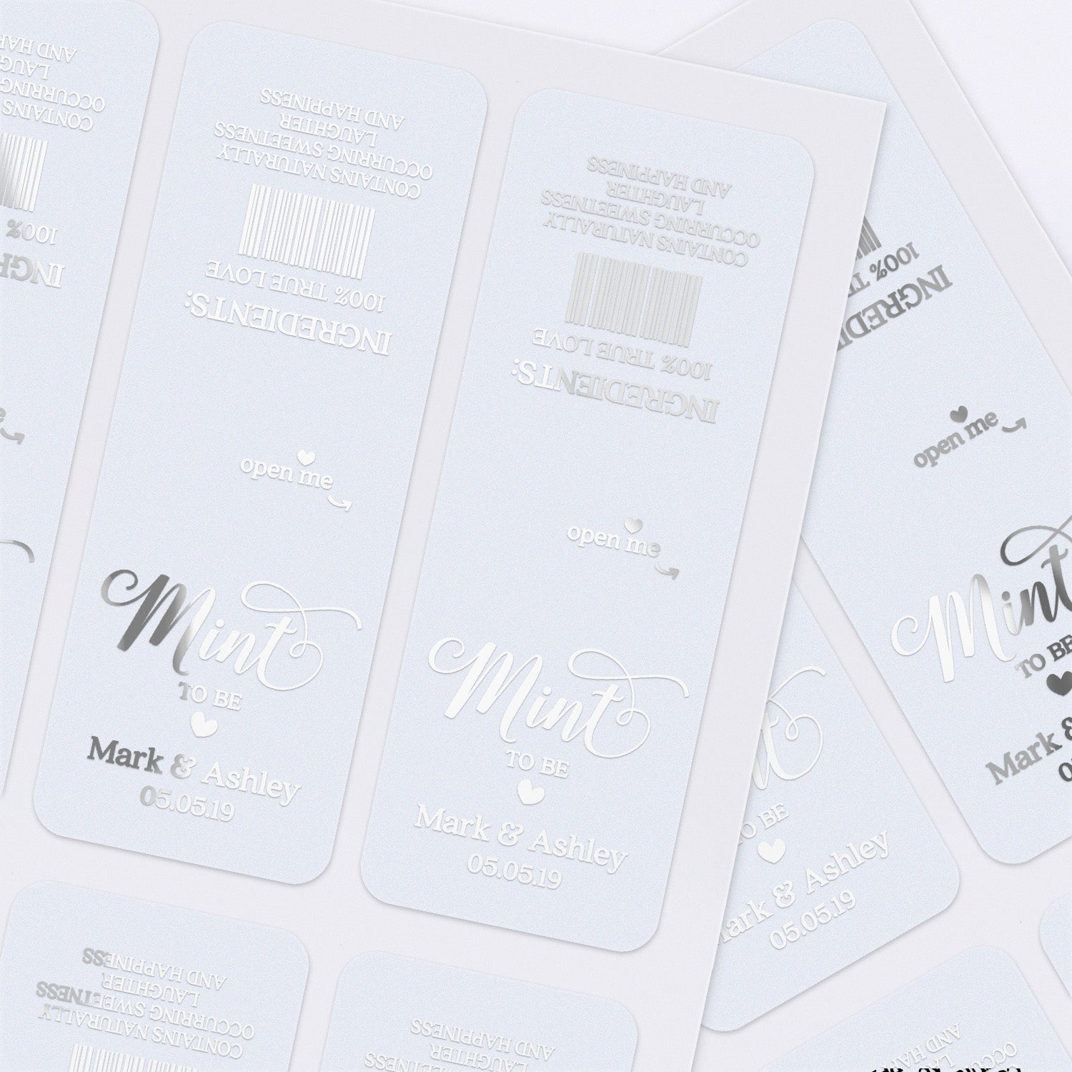 Personalized silver foil Mint To Be favor label sheets for Tic Tac boxes, custom wedding stickers with metallic shine for bridal shower or reception favors.