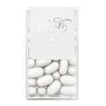 Personalized wedding mint favor label with silver foil text on white background, custom Tic Tac sticker for elegant reception or bridal party gifts.